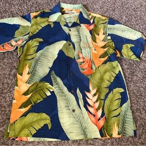 Tommy Bahama Mens Silk Button Up Shirt Blue Palm Trees Small